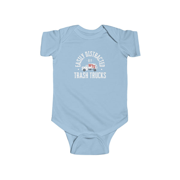 Graphic Baby Onesie: "Easily Distracted by Trash Trucks!"
